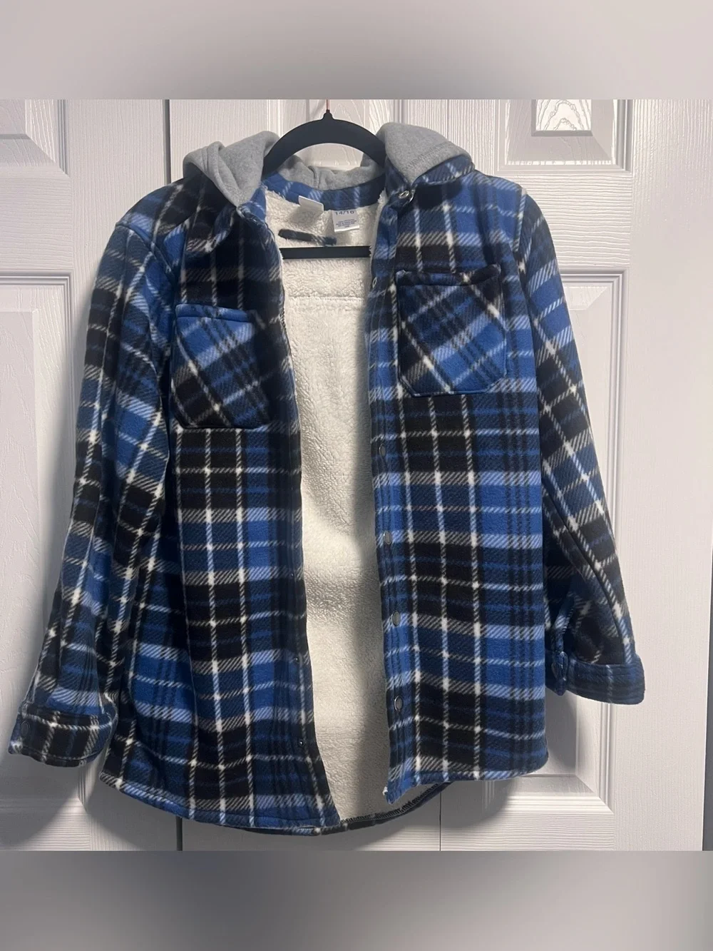 Boys Highland Original Blue Black Plaid Hooded Shacket -Size 14/16